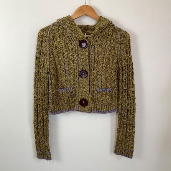 Free People Sweaters - Vtg Free People Chunky Hooded Cable Knit Cardigan Sweater Wool S Green Brown
